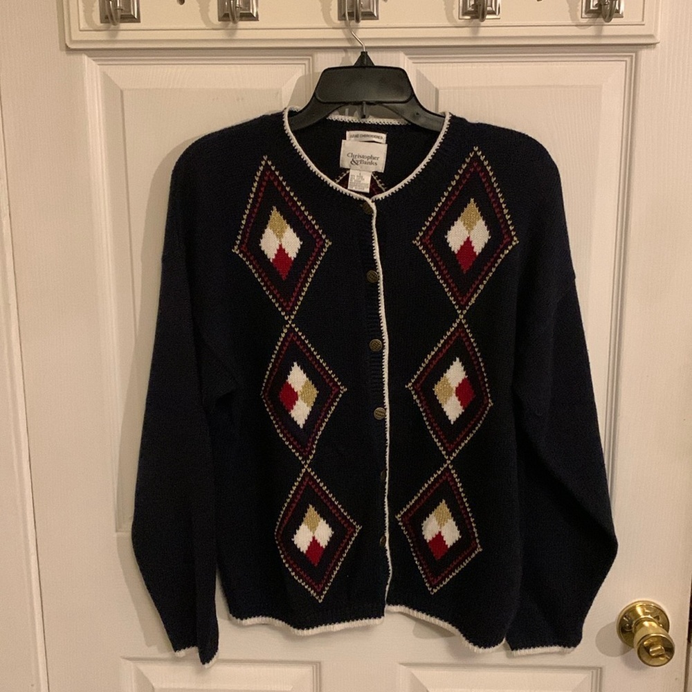 Christopher& Banks Women Hand Embroidered Cotton Core Cardigan Sweater Blue SZ L